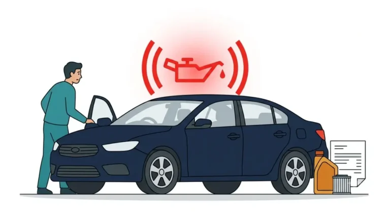Red Oil Pressure warning light on a car dashboard after an oil change, with an oil bottle and service invoice nearby.