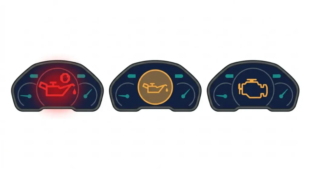 Comparison of a red Oil Pressure warning light, amber oil change reminder, and amber check engine light on car dashboards.