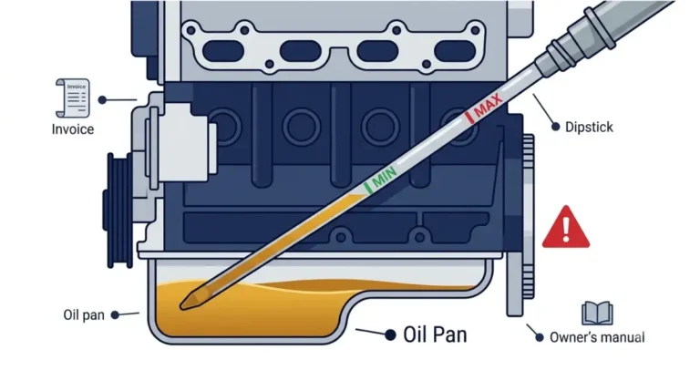 Wrong Oil warning: vector illustration of an engine oil dipstick showing oil above the MAX level, with invoice, dipstick, and owner’s manual checks.