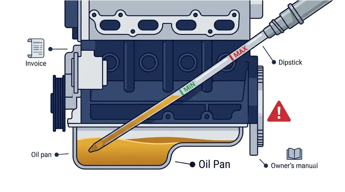 Wrong Oil warning: vector illustration of an engine oil dipstick showing oil above the MAX level, with invoice, dipstick, and owner’s manual checks.