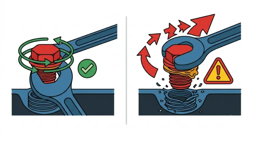 Stripped Oil pan threads caused by an overtightened drain plug compared with correct torque installation.