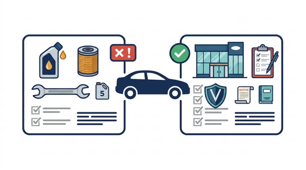 Vector comparison of quick-lube and Dealer oil-change services, including oil capacity, safety recalls, and warranty repairs.