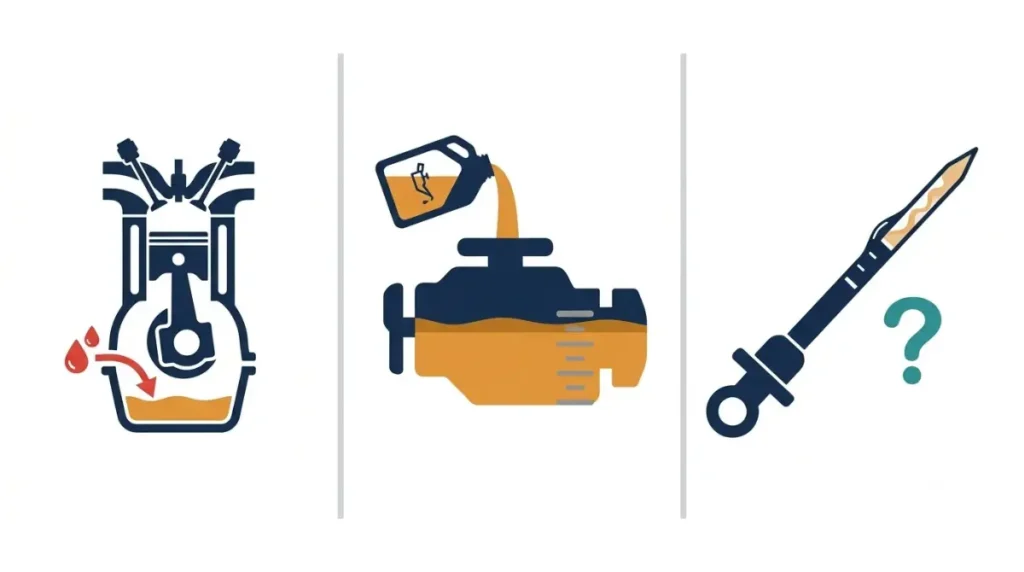 Oil Level rising in an engine can result from fuel dilution, overfilled oil, or an inaccurate dipstick reading, shown in a vector comparison.