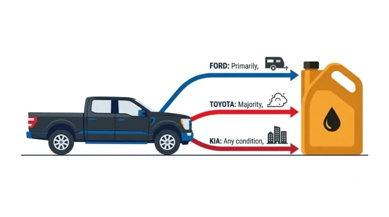 Vector infographic comparing Ford, Toyota and Kia Severe Service oil change rules, showing primarily, majority and any-condition thresholds