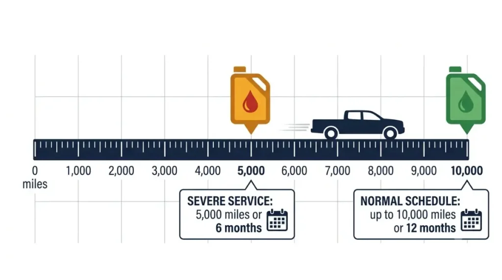 Vector timeline comparing Severe Service 5,000-mile oil changes with normal 10,000-mile oil change intervals