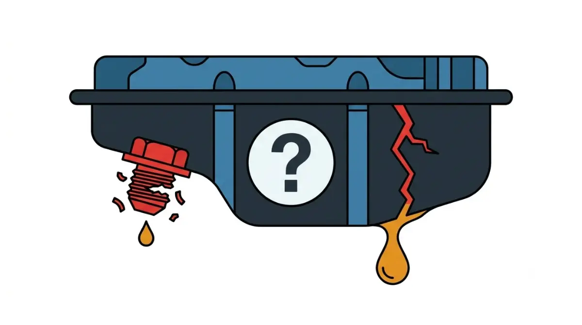 Stripped Oil drain plug compared with a cracked oil pan in a flat vector automotive diagnostic illustration.
