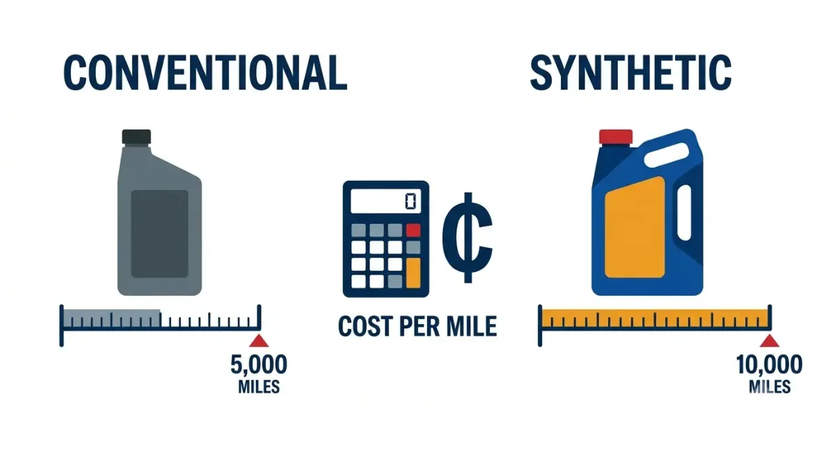 Synthetic vs conventional Oil Change cost per mile comparison with oil bottles and mileage intervals