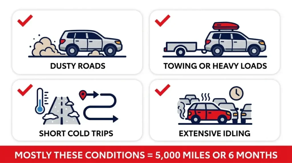 Toyota severe driving conditions infographic showing dusty roads, towing, short cold trips, and extensive idling that can require 5,000-mile oil changes