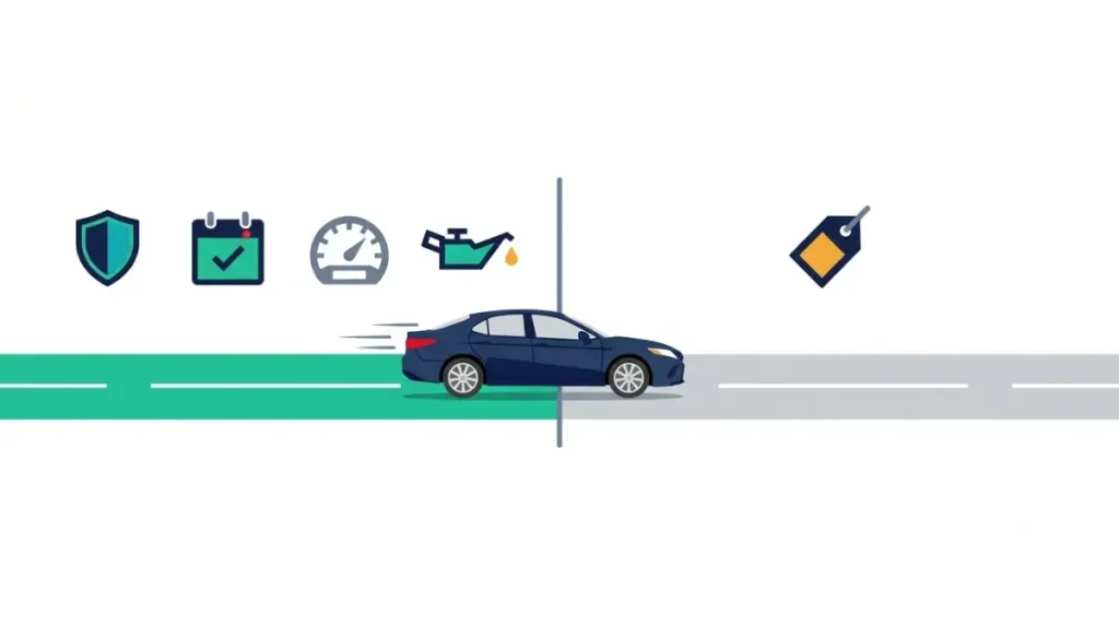 Vector timeline showing ToyotaCare no-cost maintenance at a Dealer followed by paid maintenance after the coverage period ends.