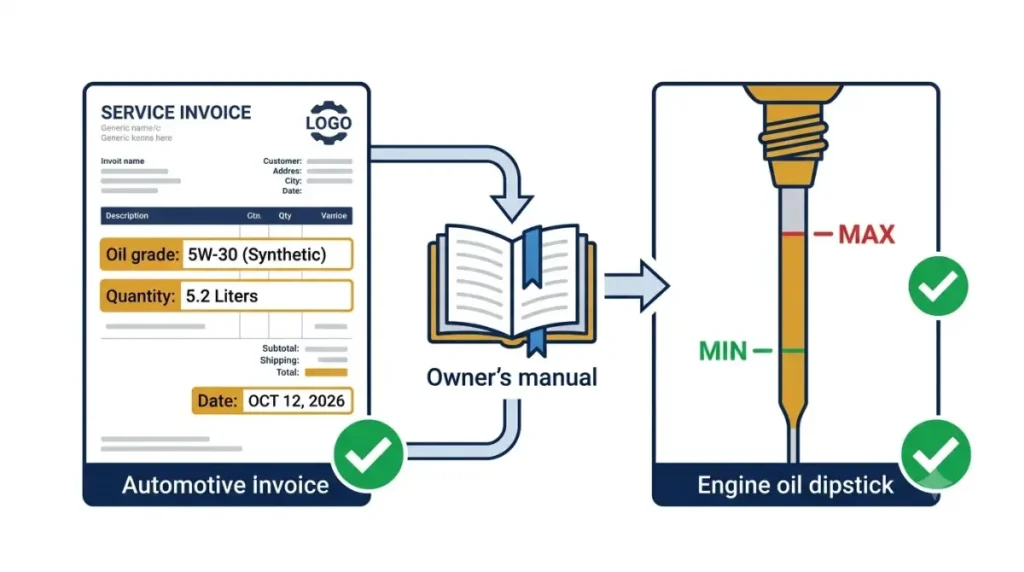 Wrong Oil check: vector illustration comparing an oil-change invoice, engine dipstick, and owner’s manual to verify oil grade and level.