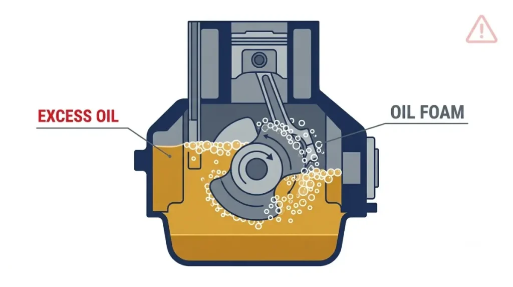 Wrong Oil and overfilled engine risk: vector cutaway showing excess oil reaching the crankshaft and forming foam bubbles.